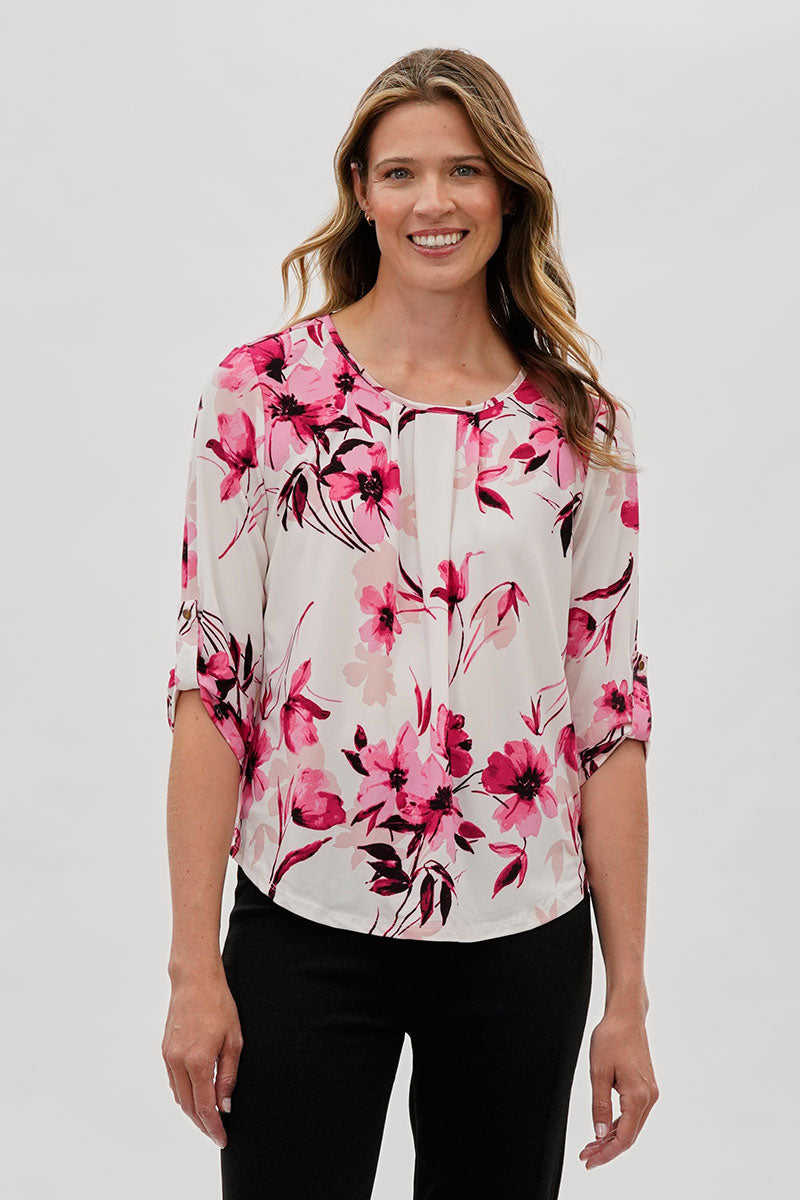 Beechers Brook Floral Roll Up Sleeve Blouse - White - Womens Shirts & Blouses - Fairweather