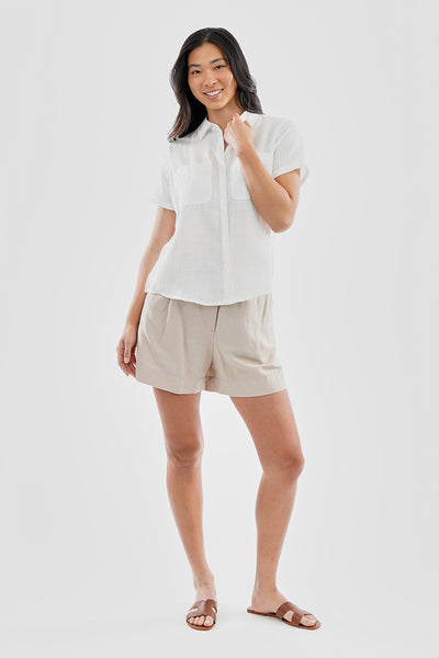 Super Triple Goose Vintage Short Sleeve Button Up Textured Shirt - White - Womens Shirts & Blouses - Fairweather