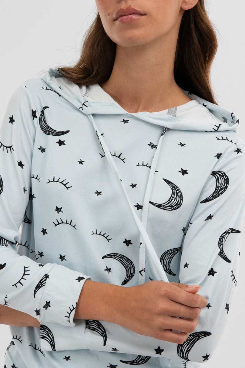Canada Weather Gear Moon Print Hooded Pajama Top - Blue - Womens Pajamas - Fairweather
