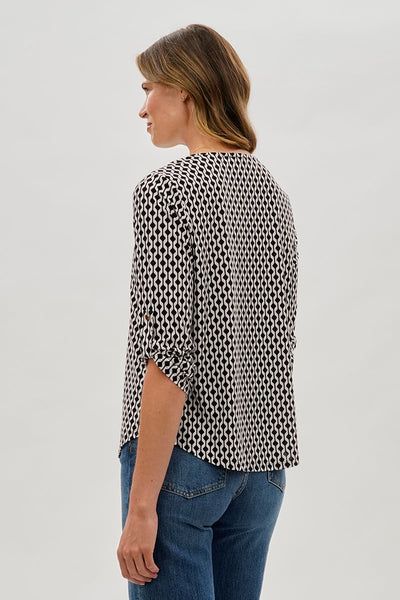 Beechers Brook Patterned Roll Up Sleeve Blouse - White - Womens Shirts & Blouses - Fairweather