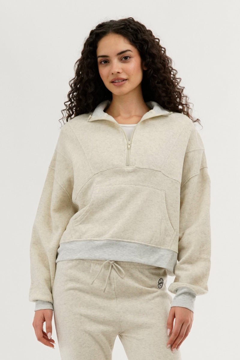 Fahrenheit Half Zip Cropped Sweatshirt - Cream - Womens Hoodies & Sweatshirts - Fairweather