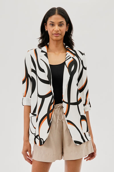 Costa Blanca Patterned Roll Up Sleeve Open Blazer - White - Womens Blazers - Fairweather