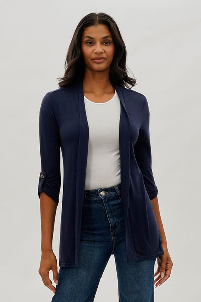 Fahrenheit Open Front Roll Up Sleeve Cardigan - Navy - Womens Cardigans - Fairweather