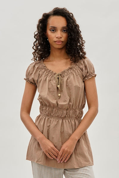 Runaway Bay Cinched Short Sleeve Blouse - Taupe - Womens Shirts & Blouses - Fairweather