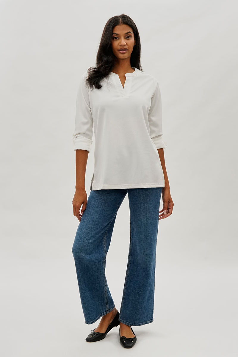 Costa Blanca Split Neck Roll Up Sleeve Blouse - White - Womens Shirts & Blouses - Fairweather