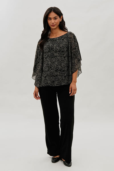 Costa Blanca Floral Chiffon Cape Blouse - Black - Womens Shirts & Blouses - Fairweather