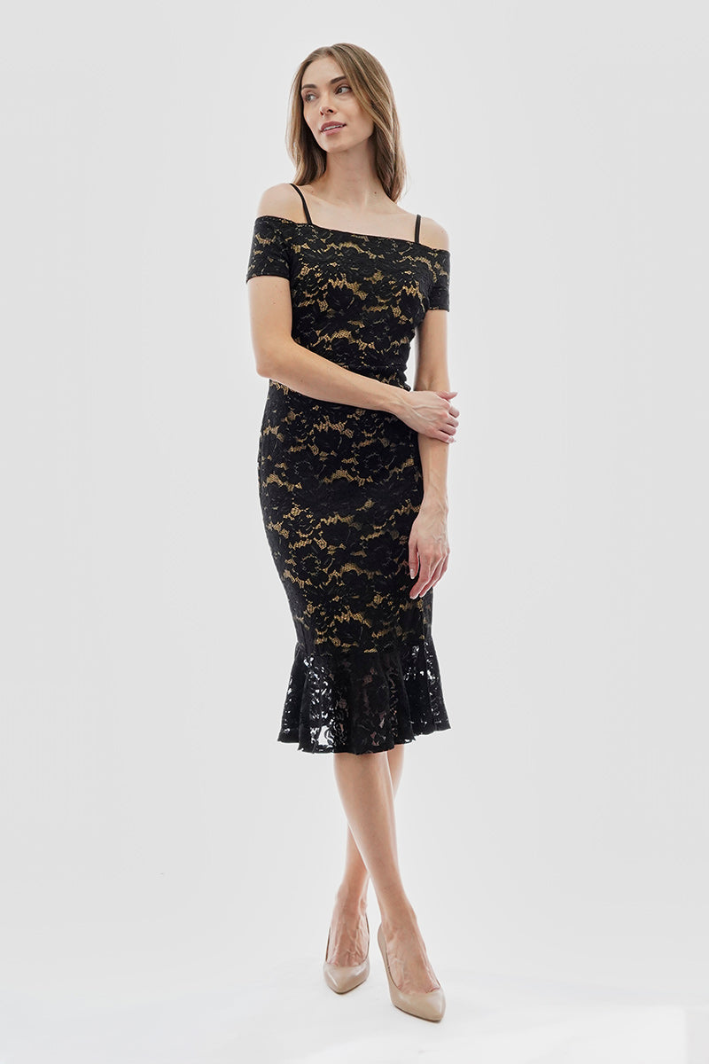 Costa Blanca Lace Off Shoulder Side Slit Cocktail Dress - Black - Womens Cocktail Dresses - Fairweather