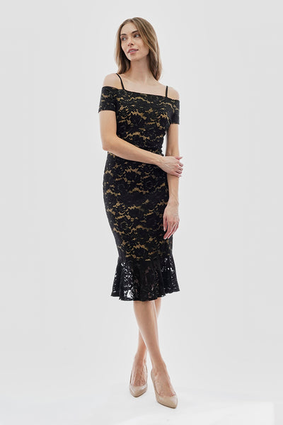 Costa Blanca Lace Off Shoulder Side Slit Cocktail Dress - Black - Womens Cocktail Dresses - Fairweather
