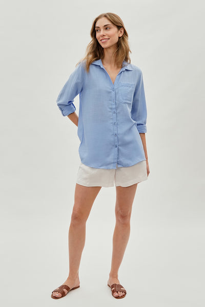 Super Triple Goose Vintage Textured Button Up Shirt - Blue - Womens Shirts & Blouses - Fairweather