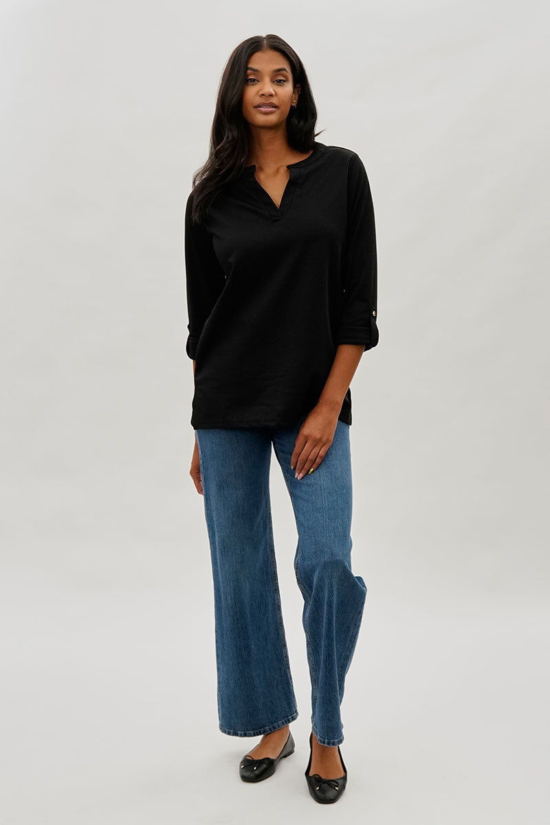 Costa Blanca Split Neck Roll Up Sleeve Blouse - Black - Womens Shirts & Blouses - Fairweather