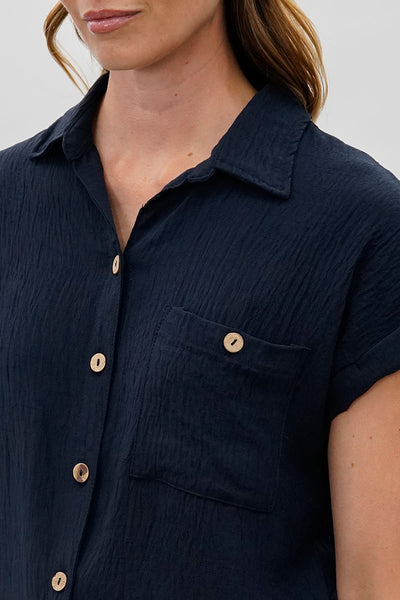 Sylexchange Vintage Short Sleeve Button Down Shirt - Navy - Womens Shirts & Blouses - Fairweather
