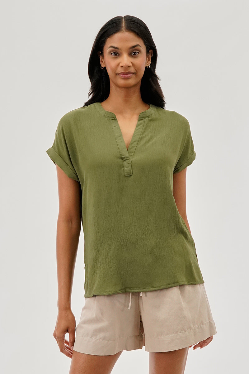 Stylexchange Vintage V-Neck Short Sleeve Blouse - Olive - Womens Shirts & Blouses - Fairweather