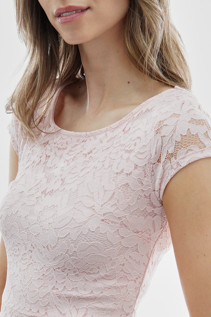 Costa Blanca Floral Lace Cap Sleeve Day Dress - Pink - Womens Day Dresses - Fairweather