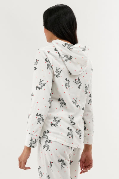 Canada Weather Gear Reindeer Print Hooded Pajama Top - White - Womens Pajamas - Fairweather