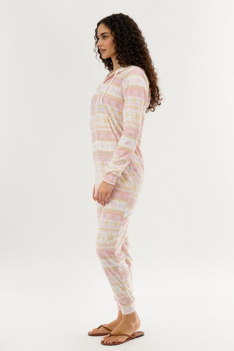 Canada Weather Gear Festive Print Fleece Onesie - Blush - Womens Onesies - Fairweather