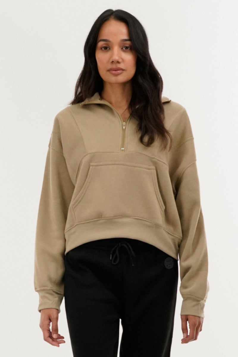 Fahrenheit Half Zip Cropped Sweatshirt - Beige - Womens Hoodies & Sweatshirts - Fairweather