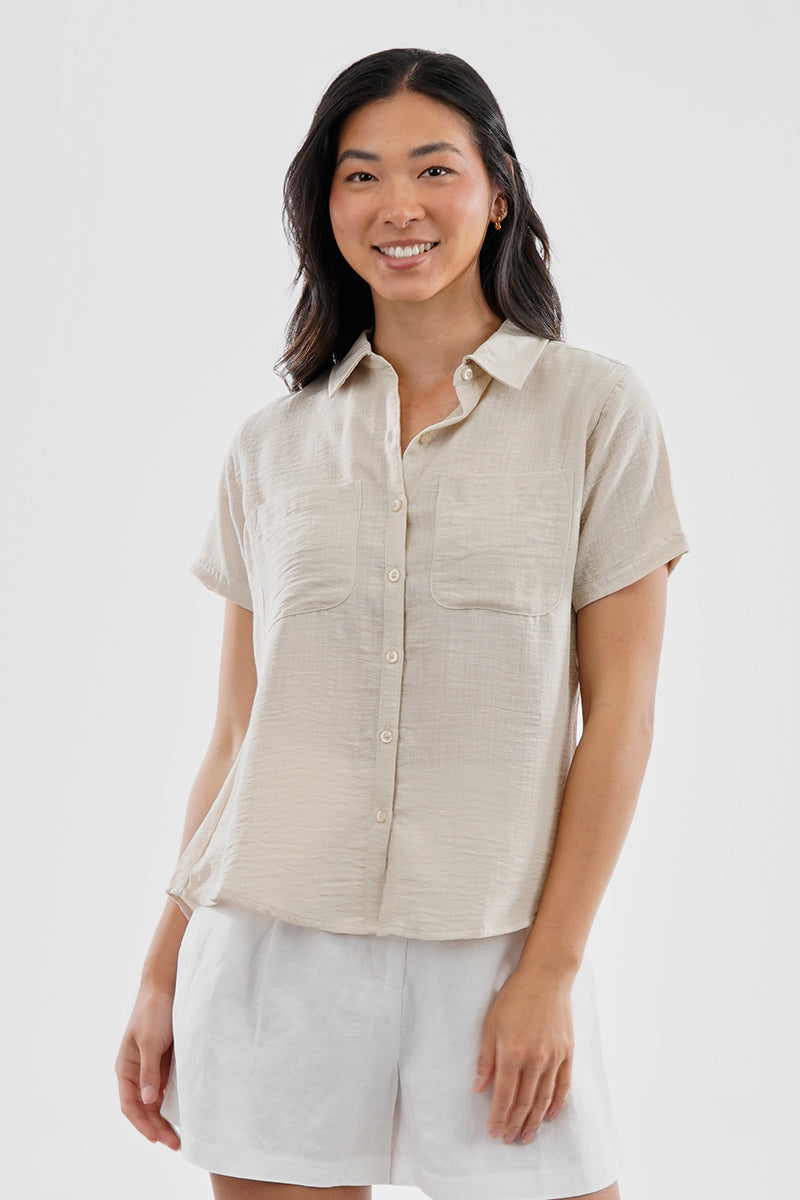 Super Triple Goose Vintage Short Sleeve Button Up Textured Shirt - Cream - Womens Shirts & Blouses - Fairweather
