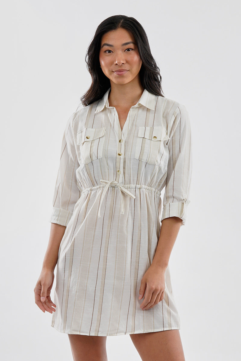 Beechers Brook Striped Roll Up Sleeve Flap Pocket Day Dress - Beige - Womens Day Dresses - Fairweather