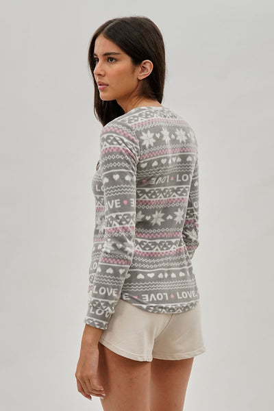 Canada Weather Gear Festive Print Henley Pajama Top - Grey - Womens Pajamas - Fairweather
