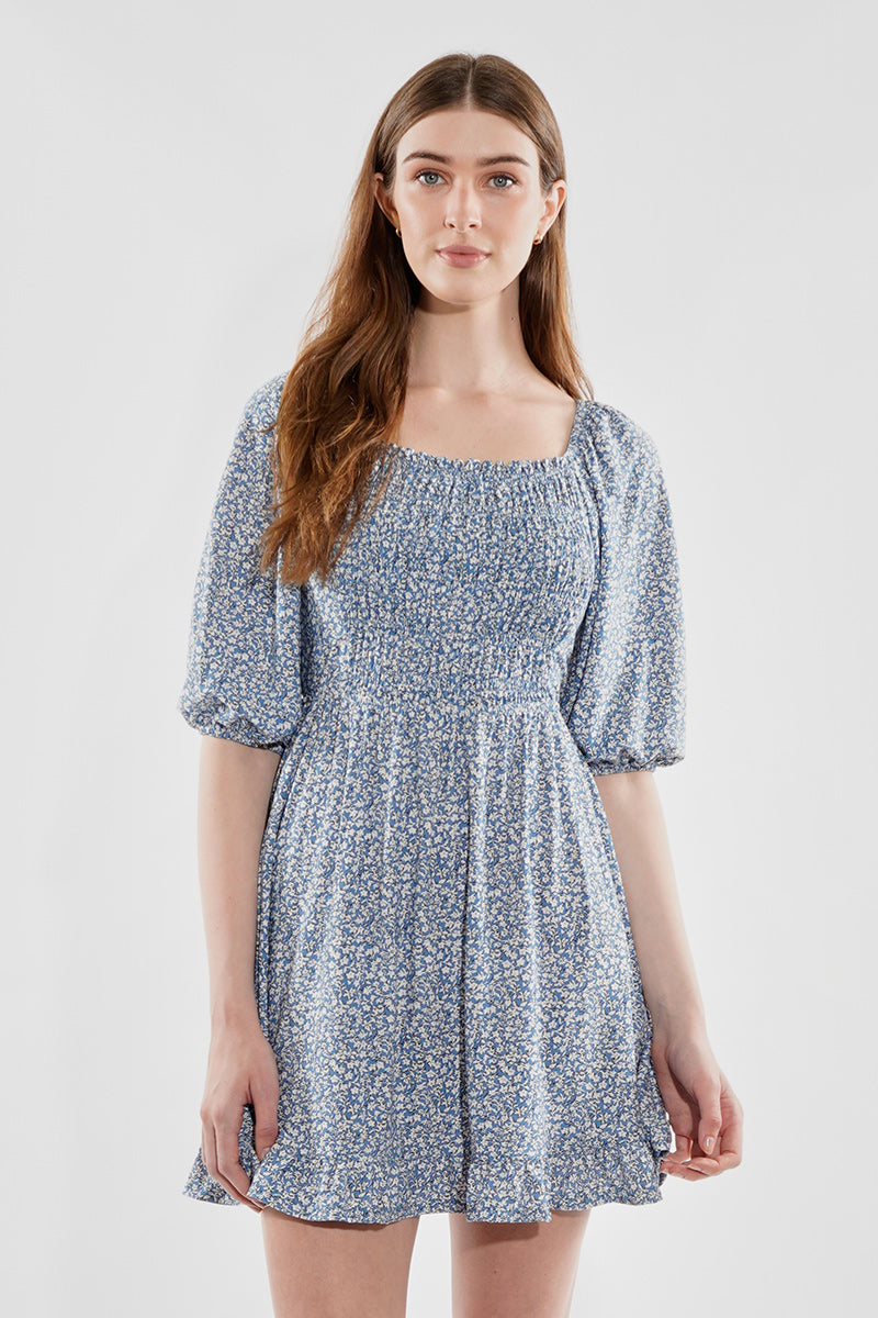 Beechers Brook Floral Puff Sleeve Smocked Day Dress - Blue