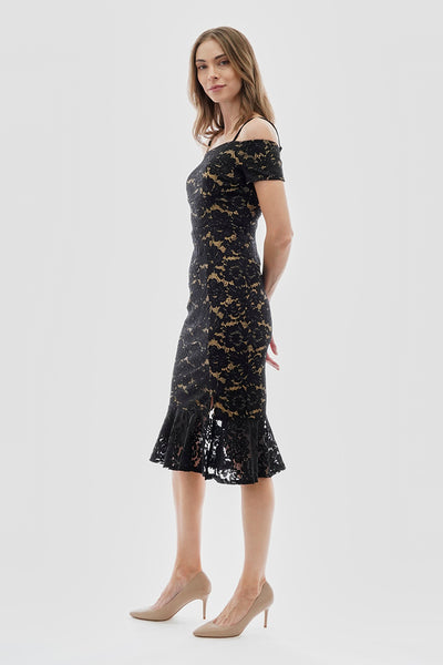 Costa Blanca Lace Off Shoulder Side Slit Cocktail Dress - Black - Womens Cocktail Dresses - Fairweather