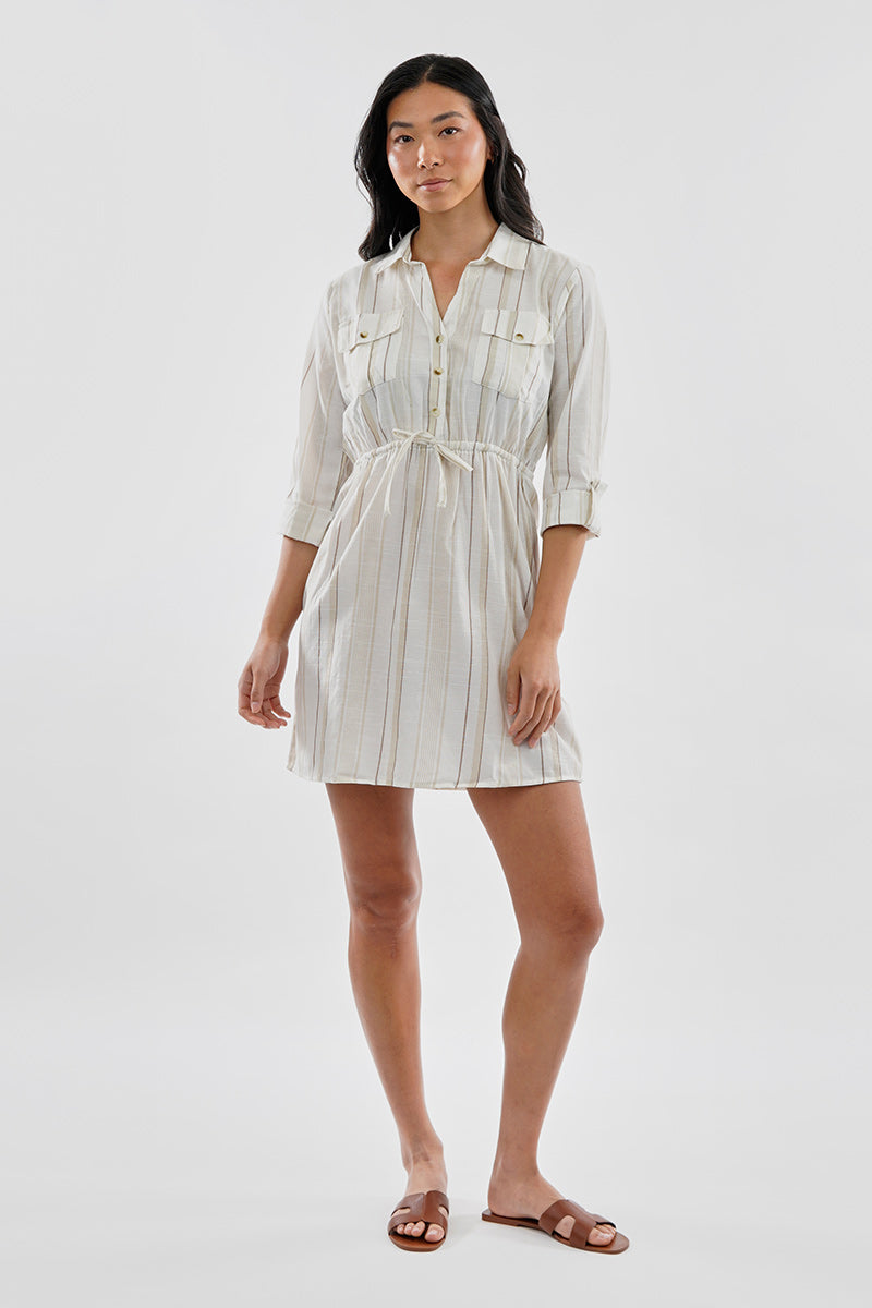 Beechers Brook Striped Roll Up Sleeve Flap Pocket Day Dress - Beige - Womens Day Dresses - Fairweather