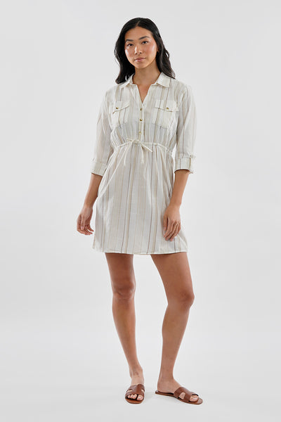Beechers Brook Striped Roll Up Sleeve Flap Pocket Day Dress - Beige - Womens Day Dresses - Fairweather