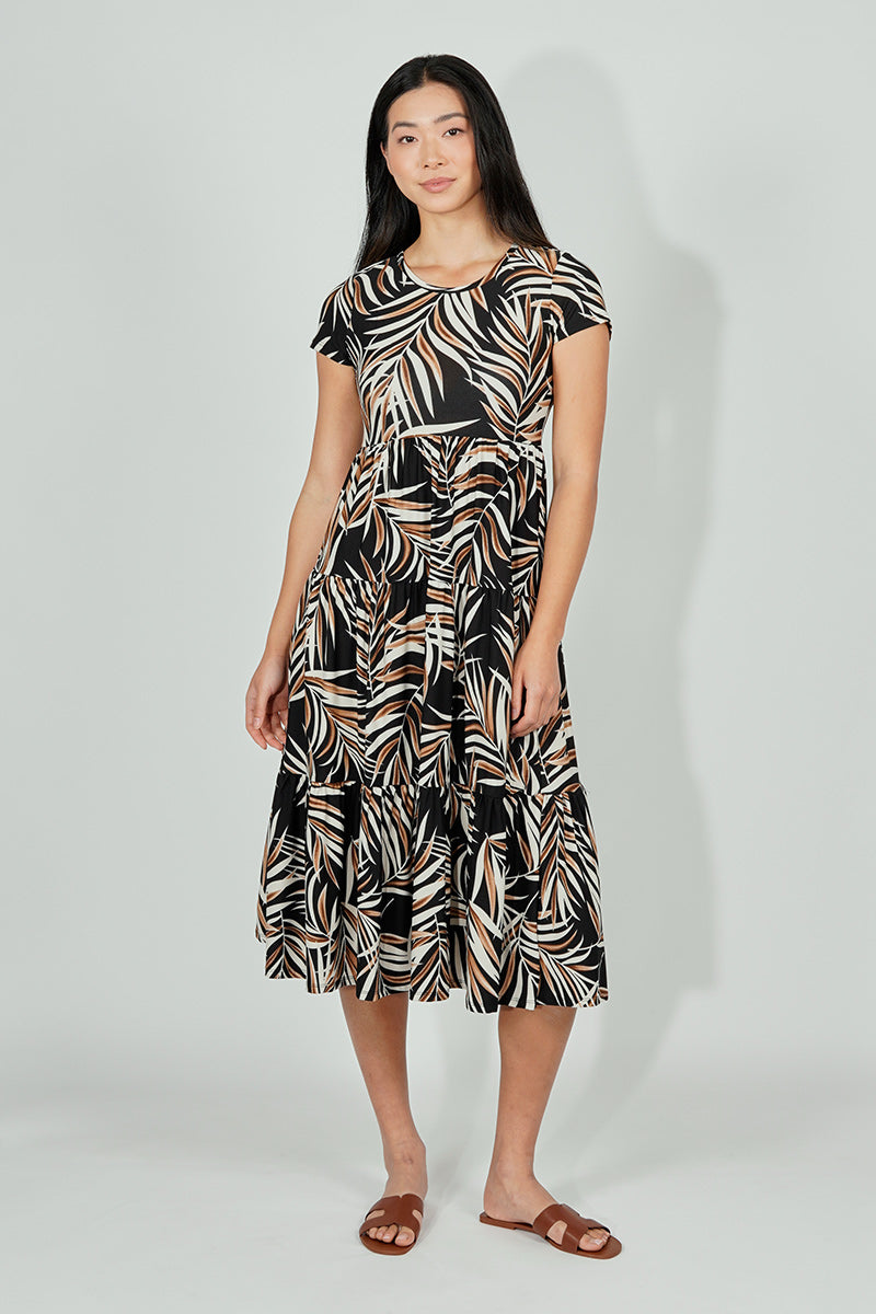 Beechers Brook Leaf Print Short Sleeve Tiered Midi Dress - Black - Womens Midi Dresses - Fairweather