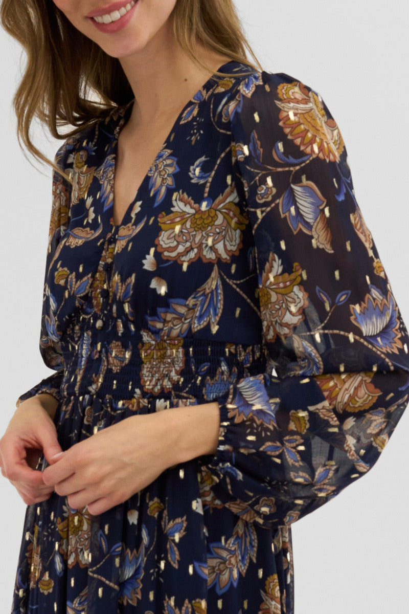 Costa Blanca Floral Long Sleeve Chiffon Maxi Dress - Navy - Womens Maxi Dresses - Fairweather