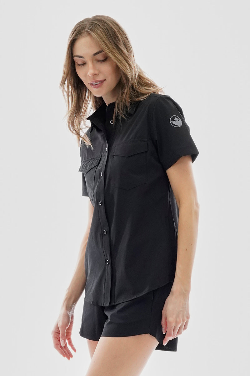 Canada Weather Gear Button Up Short Sleeve Shirt - Black - Womens Shirts & Blouses - Fairweather