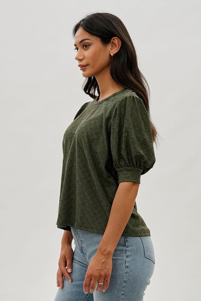 Beechers Brook Eyelet Detail Puff Sleeve Blouse - Olive - Womens Shirts & Blouses - Fairweather