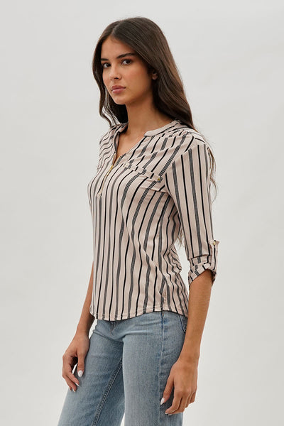 International INC Company Striped 1/4 Zip Blouse - Beige - Womens Shirts & Blouses - Fairweather