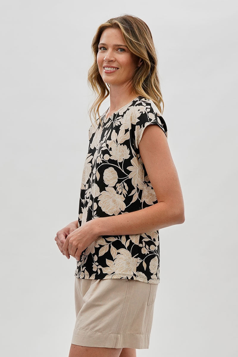 Beechers Brook Floral Cap Sleeve Blouse - Black - Womens Shirts & Blouses - Fairweather