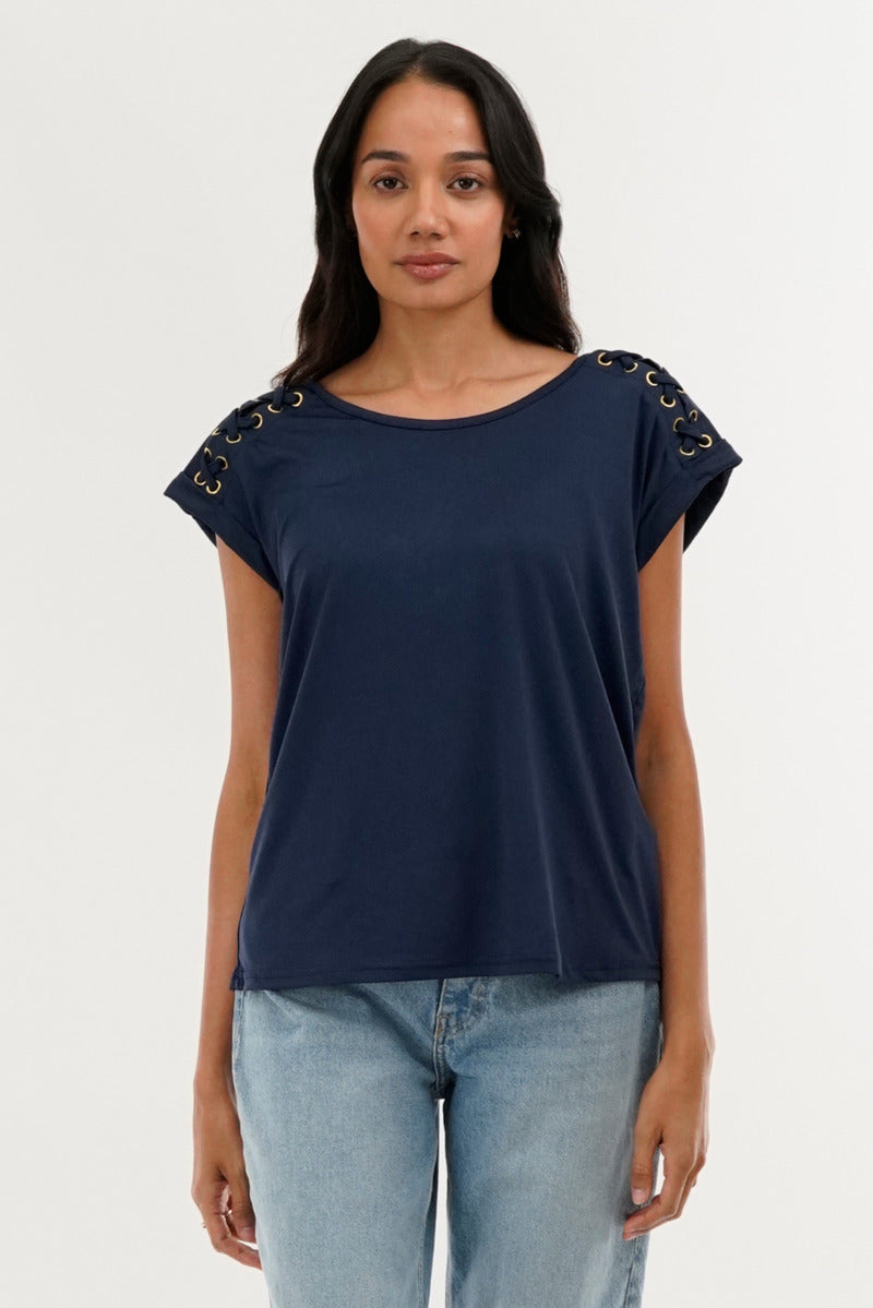 International INC Company Shoulder Lace Up Tee - Navy - Womens Tees & Tank Tops - Fairweather