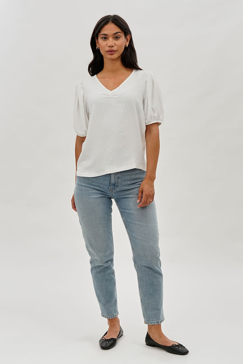 Stylexchange Vintage Puff Sleeve V-Neck Blouse - White - Womens Shirts & Blouses - Fairweather