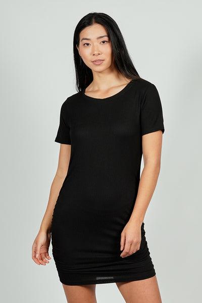 Costa Blanca Ribbed Short Sleeve Ruched Side Day Dress - Black - Womens Day Dresses - Fairweather
