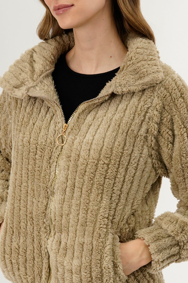 Fahrenheit Plush Zip Up Teddy Lightweight Jacket - Beige