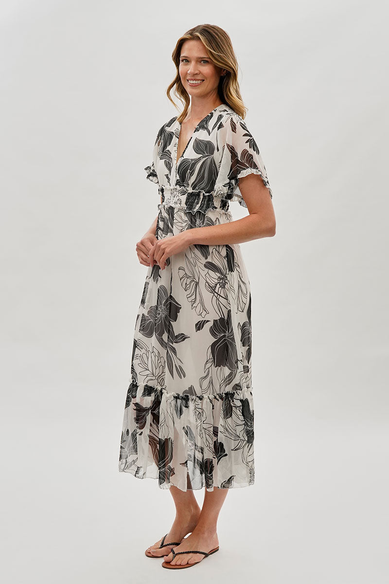 Floral Cinched Waist Maxi Dress - White
