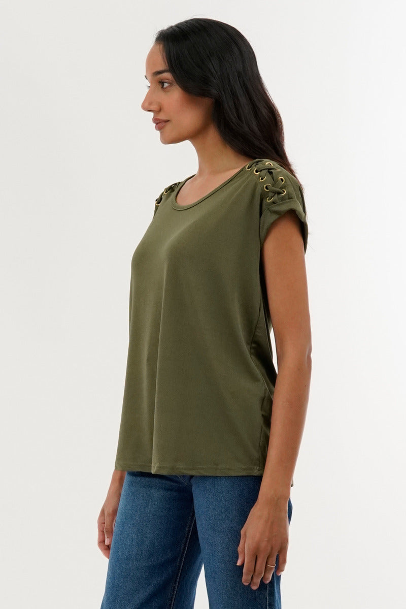 International INC Company Shoulder Lace Up Tee - Olive - Womens Tees & Tank Tops - Fairweather