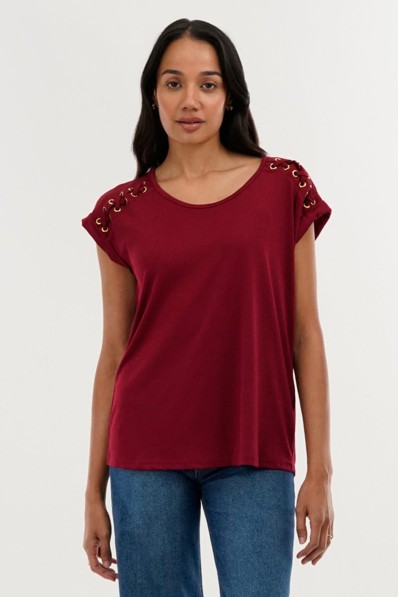 International INC Company Shoulder Lace Up Tee - Burgundy - Womens Tees & Tank Tops - Fairweather