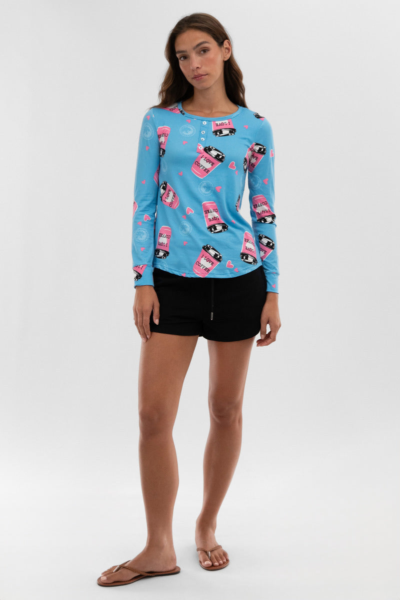 Canada Weather Gear Coffee Print Henley Pajama Top - Blue - Womens Pajamas - Fairweather