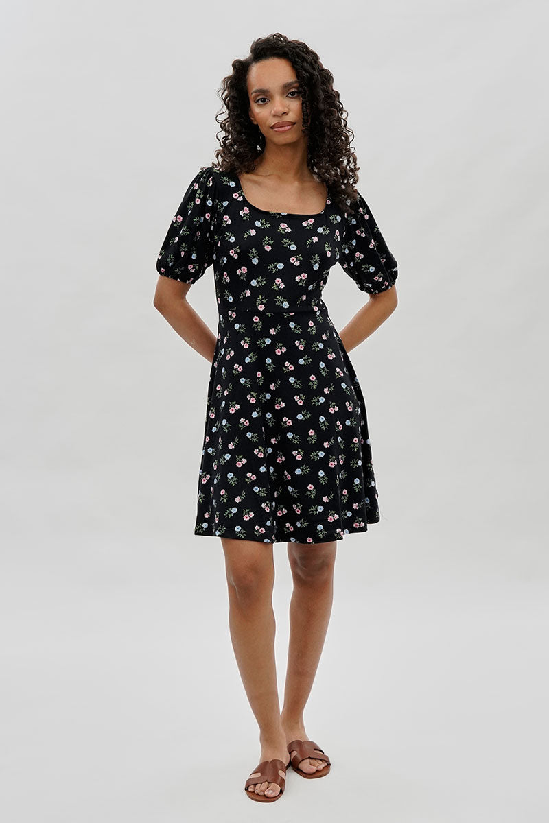 Costa Blanca Floral Square Neck Day Dress - Black - Womens Day Dresses - Fairweather