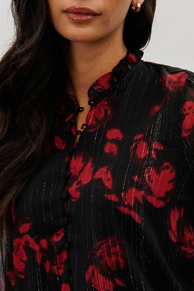 Costa Blanca Floral Sheer Sleeve Blouse - Black - Womens Shirts & Blouses - Fairweather