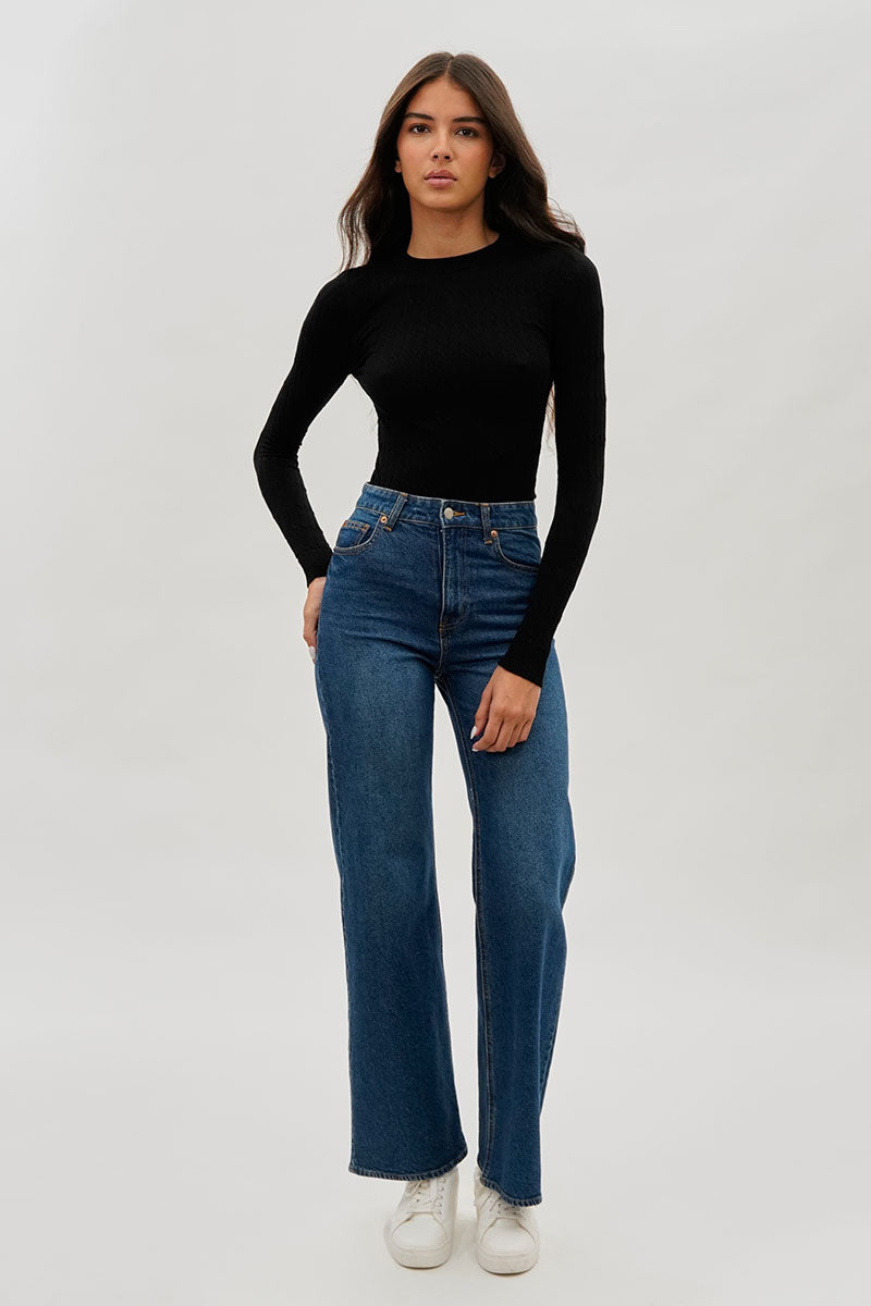 International INC Company Ribbed Crewneck Long Sleeve Top - Black - Womens Long Sleeve Tops - Fairweather