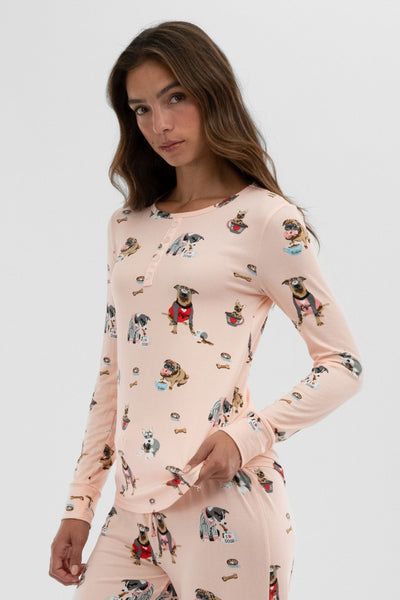 Canada Weather Gear Dog Print Henley Pajama Top - Blush - Womens Pajamas - Fairweather