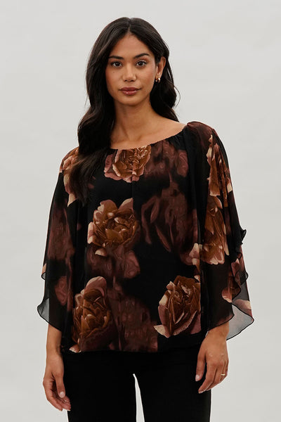 Costa Blanca Floral Chiffon Cape Blouse - Brown - Womens Shirts & Blouses - Fairweather