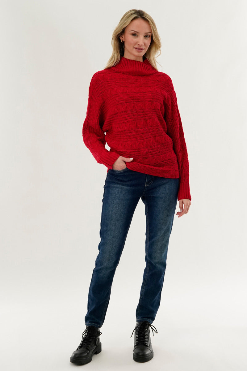 Beechers Brook Cable Knit Mock Neck Pullover Sweater - Red - Womens Pullover Sweaters - Fairweather