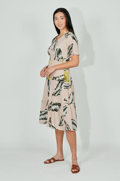 Limite Leaf Print Smocked Tiered Maxi Dress - Beige - Womens Maxi Dresses - Fairweather