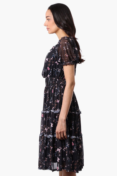 Costa Blanca Floral Tiered Smocked Waist Midi Dress - Black - Womens Midi Dresses - Fairweather