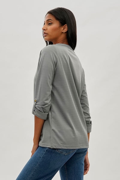 Costa Blanca Split Neck Roll Up Sleeve Blouse - Grey - Womens Shirts & Blouses - Fairweather